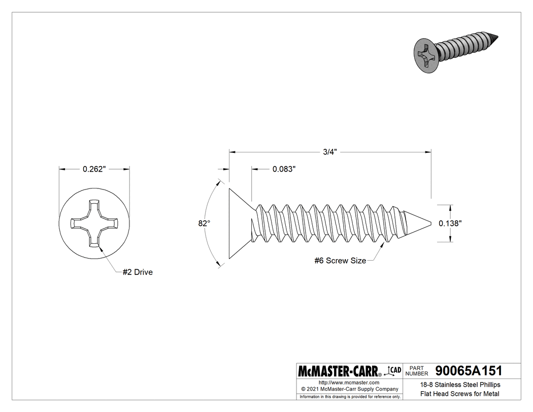 Technical Drawing of 18-8 Stainless Steel Phillips Flat Head Screws for Metal, Number 6 Size, 3/4" Long.